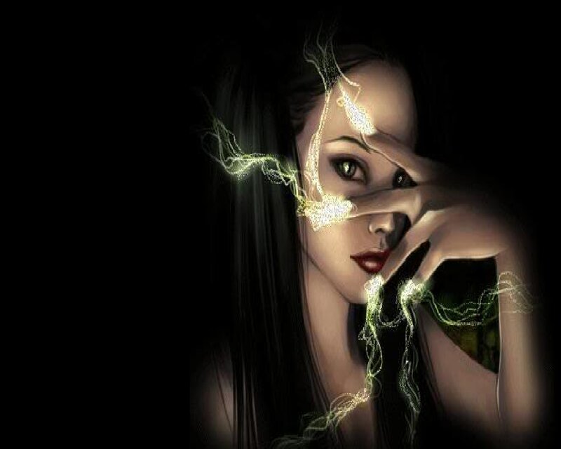Woman with Glowing Lines — Black, Dramatic, Night, Digital Art, Glowing Lines