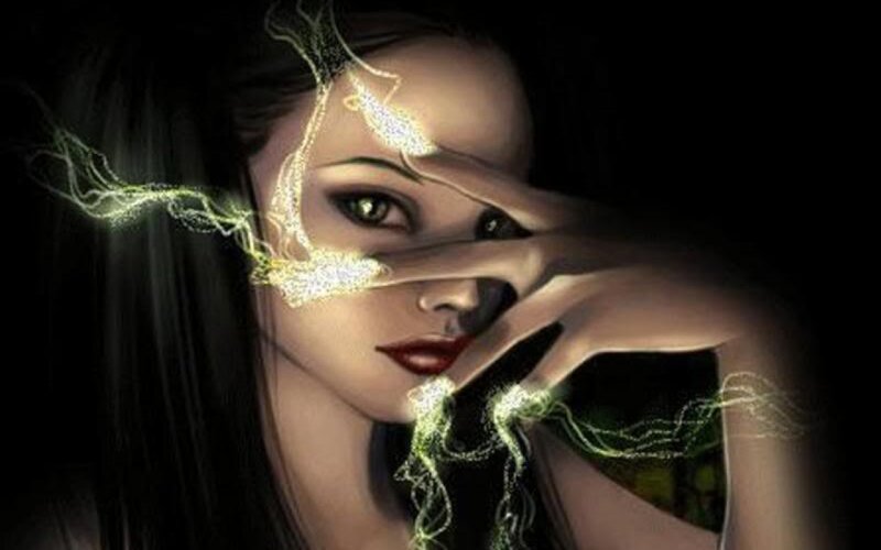 Woman with Glowing Lines — Black, Dramatic, Night, Digital Art