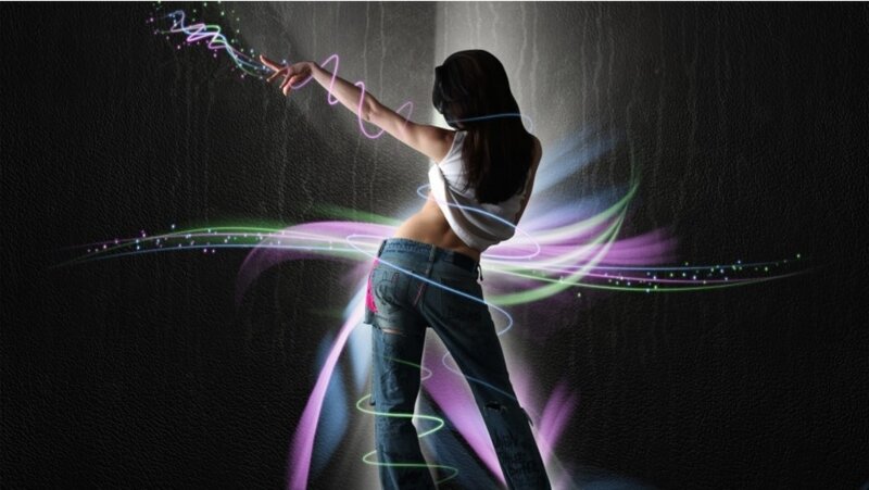 Woman with Glowing Lines — Black, Dynamic, Digital Art