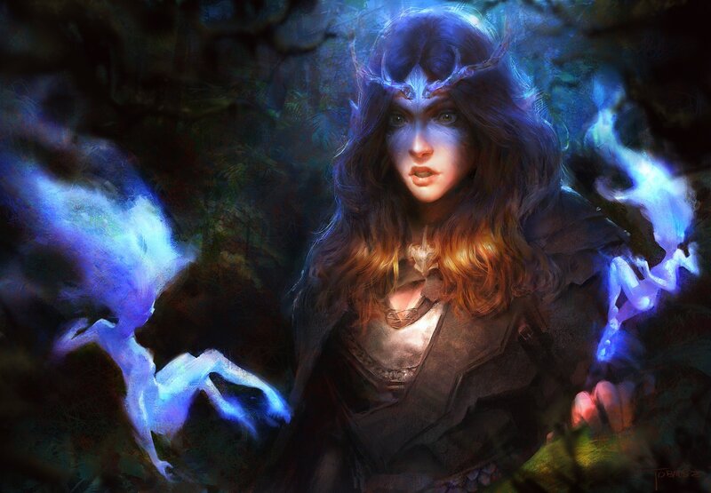 Woman with Glowing Magic — Blue, Dramatic, Night