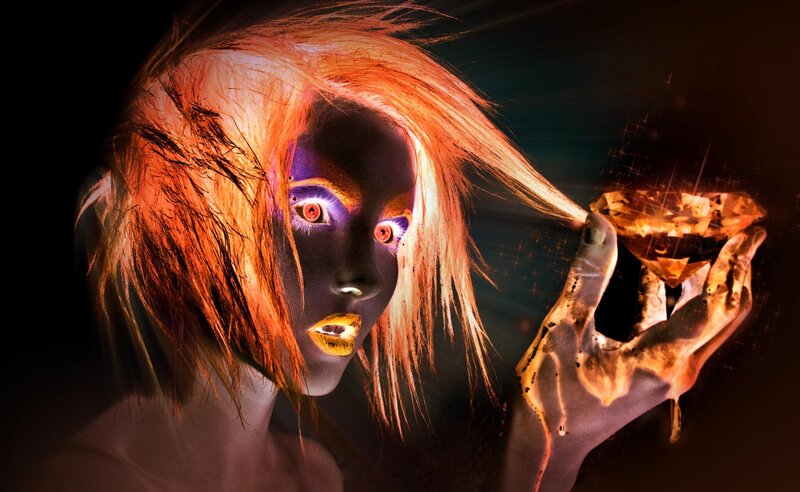 Woman with Glowing Makeup — Black, Dramatic, Night