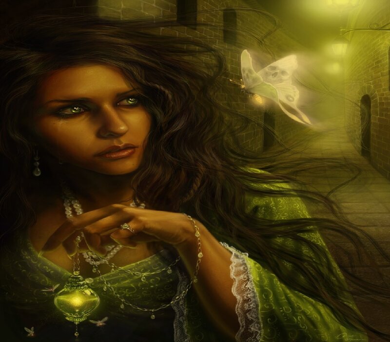 Woman with Glowing Necklace — Green