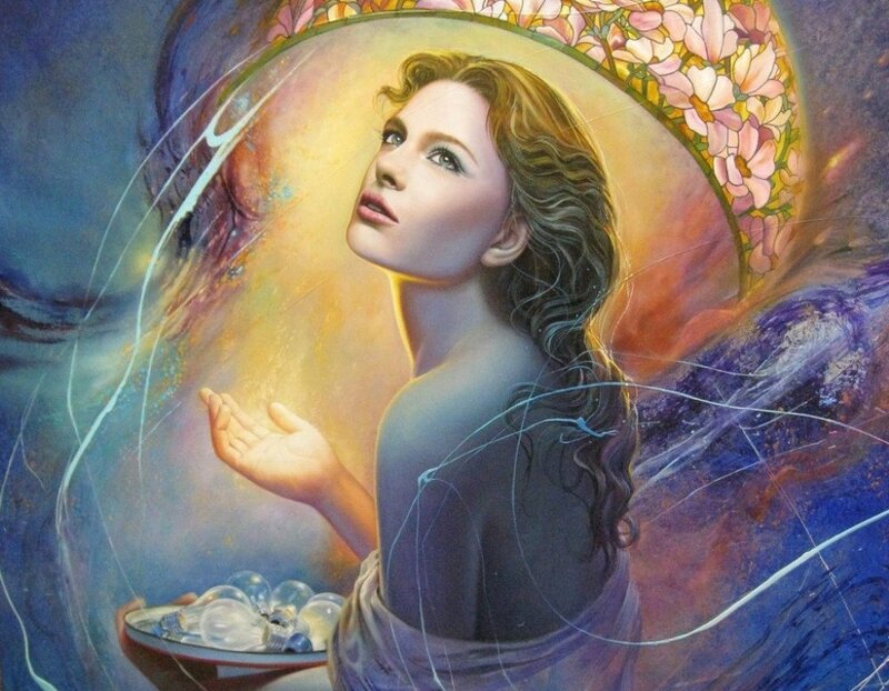 woman with glowing orb and lightbulbs
