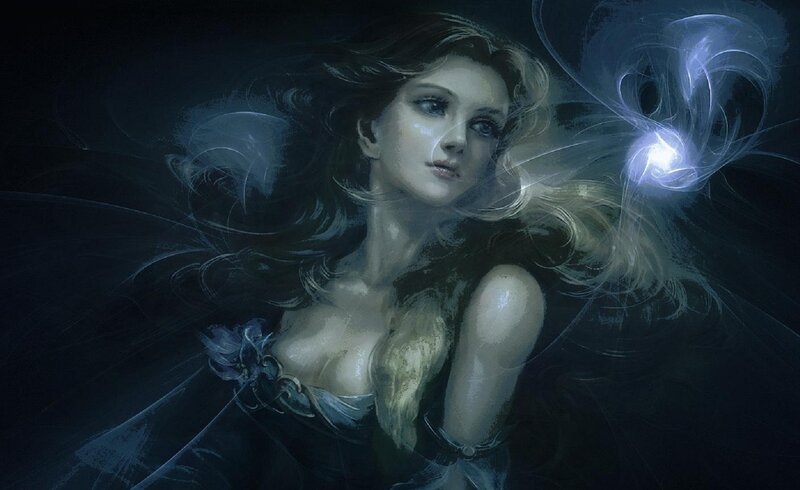 Woman with Glowing Orb — Black, Dramatic, Night, Digital Art
