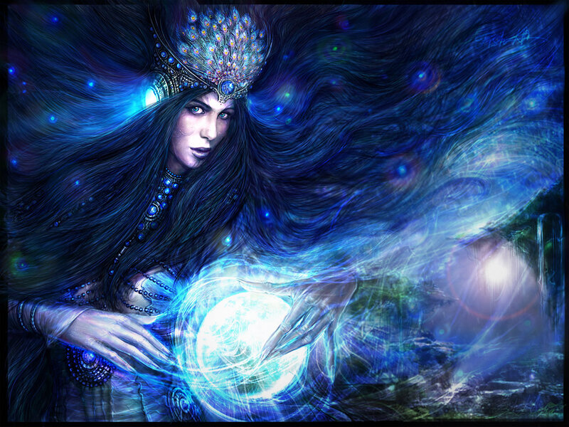 Woman with Glowing Orb — Blue, Dramatic, Digital Art