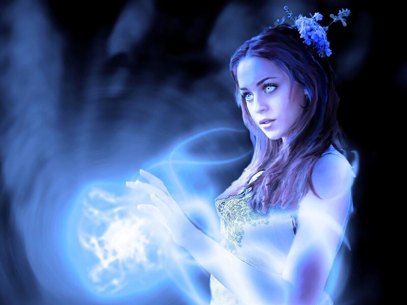 Woman with Glowing Orb — Blue, Dramatic, Night, Digital Art