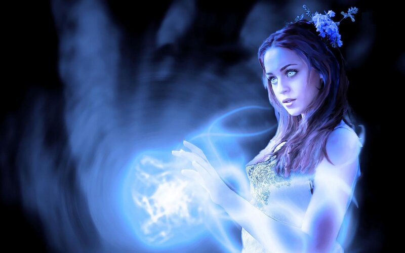 Woman with Glowing Orb — Blue, Dramatic, Night