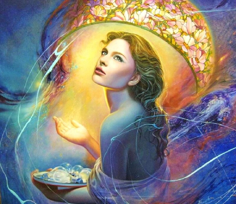 Woman with Glowing Orb — Blue, Ethereal, Digital Art