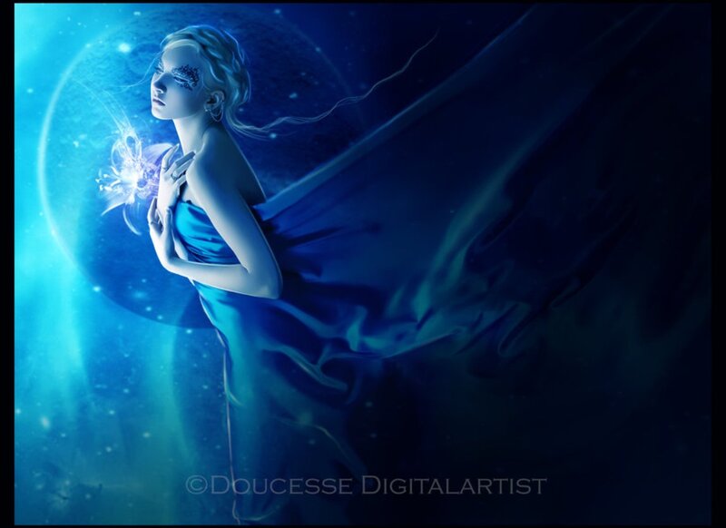 Woman with Glowing Orb — Blue, Serene, Night