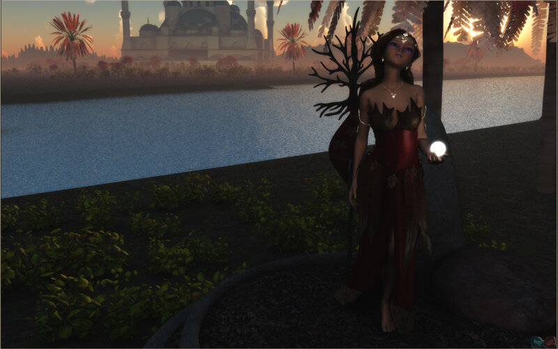 woman with glowing orb by water