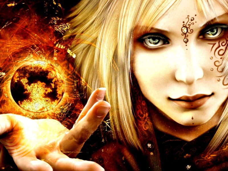 Woman with Glowing Orb — Gold, Dramatic, Digital Art, Glowing Orb, Henna Tattoos