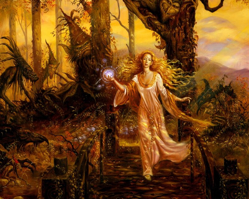 Woman with Glowing Orb — Gold, Dramatic, Sunset