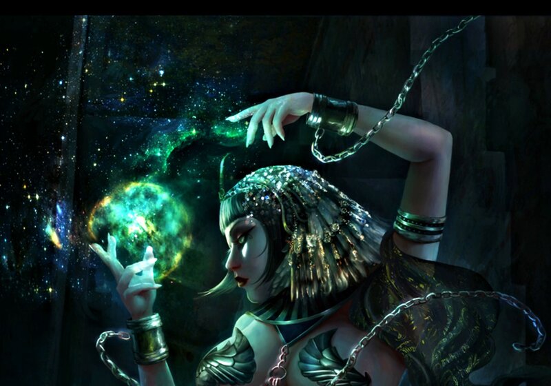 Woman with Glowing Orb — Green, Dramatic