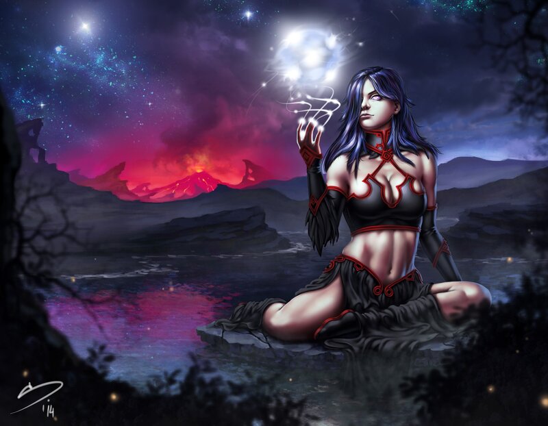 Woman with Glowing Orb — Purple, Dramatic, Night
