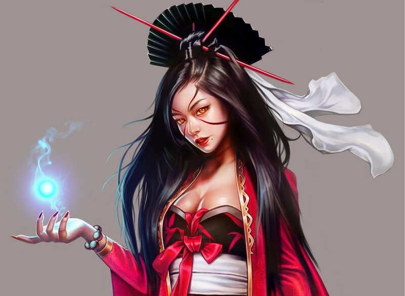 Woman with Glowing Orb — Red, Dramatic, Digital Art