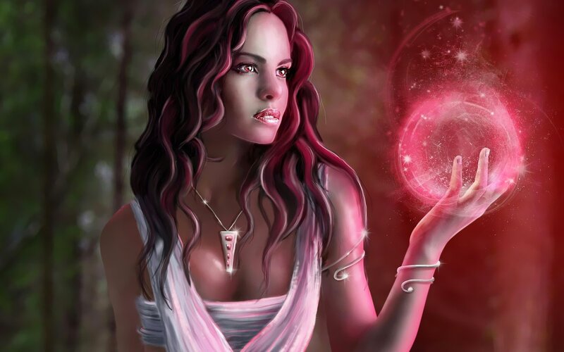 Woman with Glowing Orb — Red, Dramatic