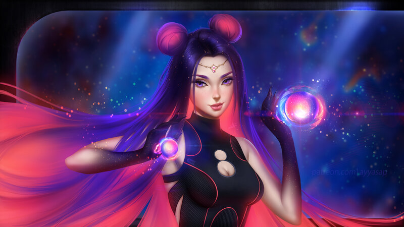 Woman with Glowing Orbs — Purple, Dramatic