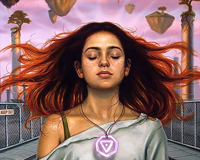 woman with glowing pendant