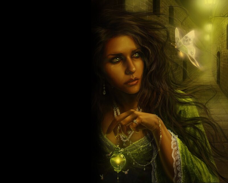 woman with glowing pendant