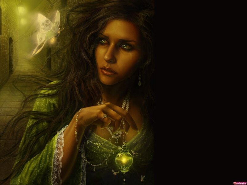 woman with glowing pendant