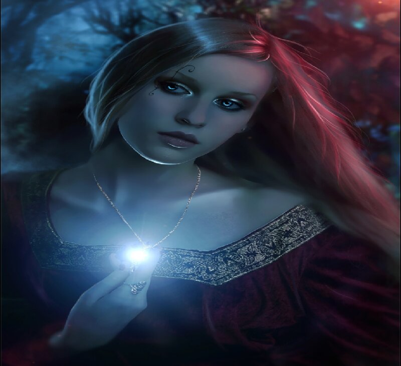 Woman with Glowing Pendant — Blue, Dramatic, Night, Digital Art