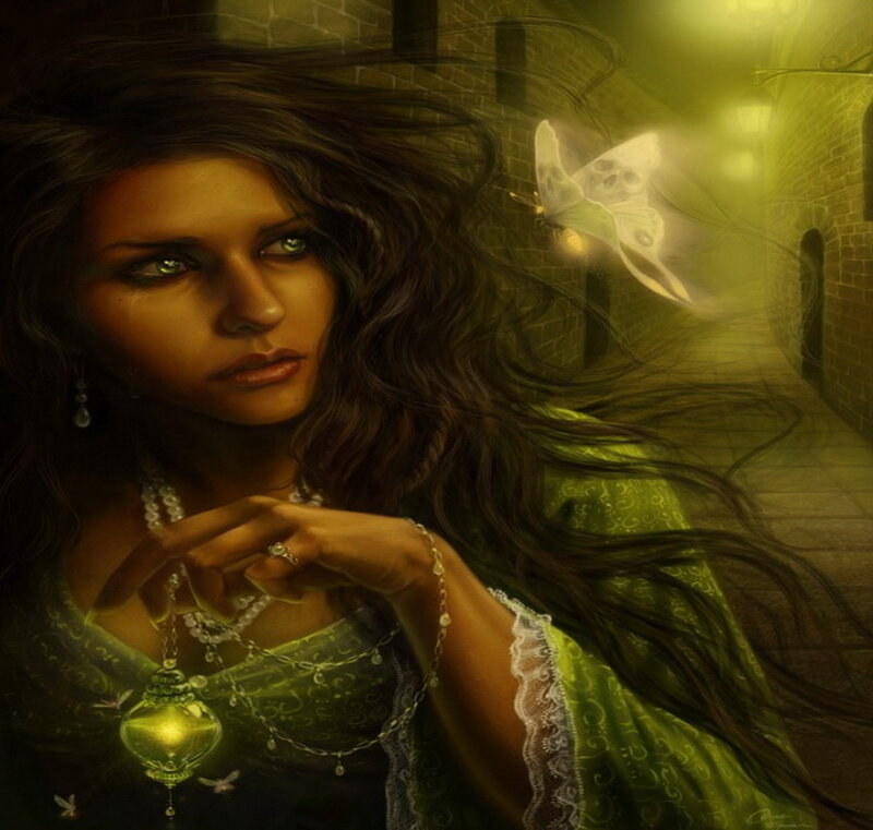 Woman with Glowing Pendant — Green