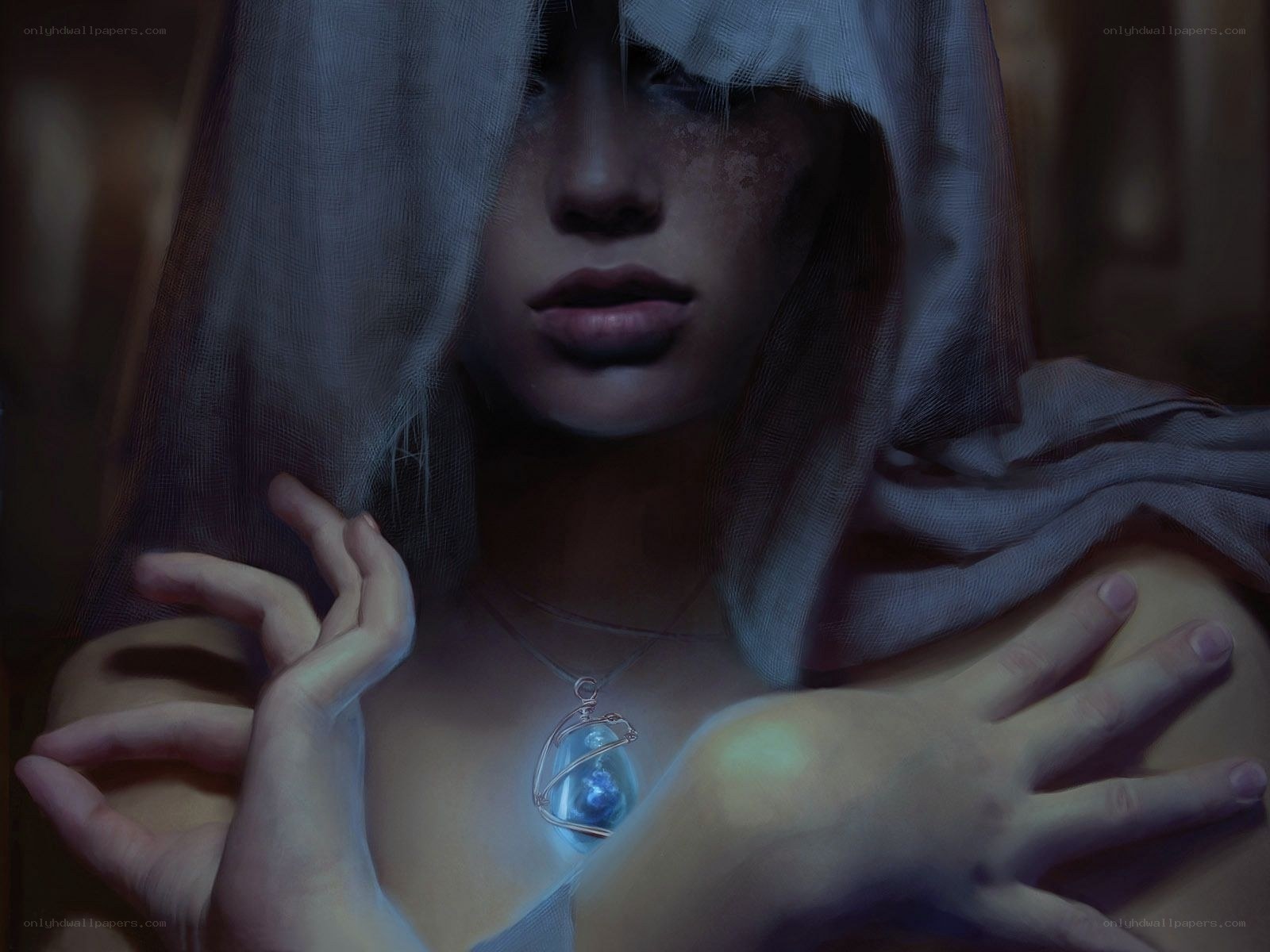 woman with glowing pendant