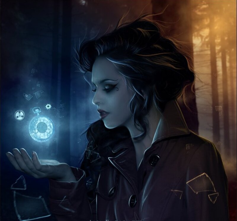 Woman with Glowing Pocket Watch — Blue