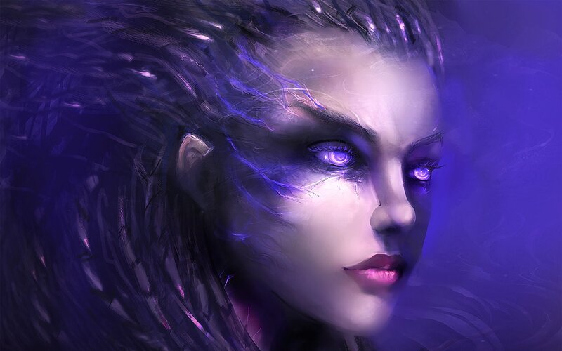 woman with glowing purple eyes