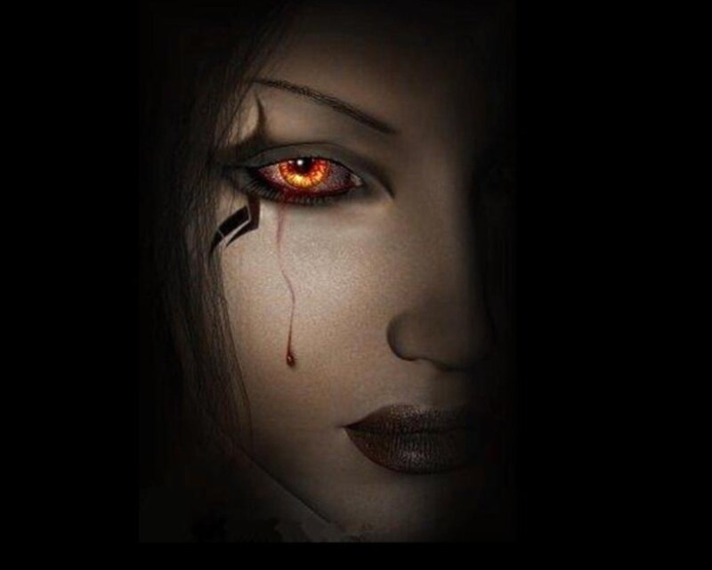 woman with glowing red eye
