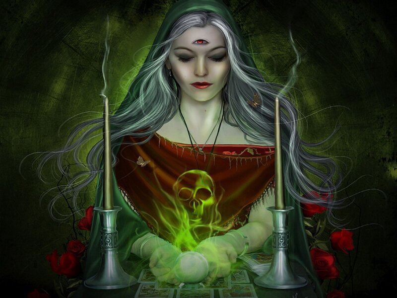 Woman with Glowing Skull — Green, Mystical