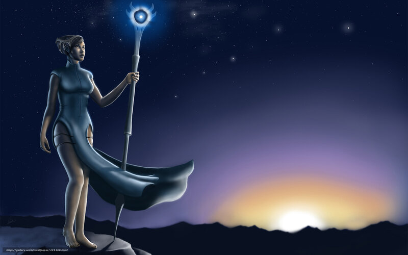 Woman with glowing staff at night