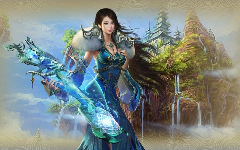 Woman with Glowing Staff — Blue, Dramatic, Digital Art