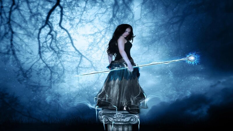 Woman with Glowing Staff — Blue, Dramatic, Night