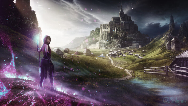 Woman with Glowing Staff — Purple, Dramatic, Sunset