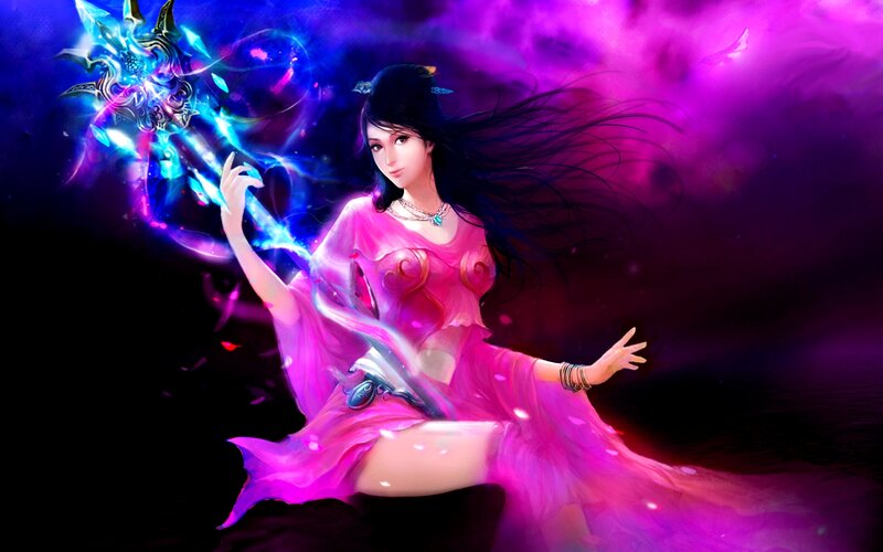 Woman with Glowing Staff — Purple, Dramatic
