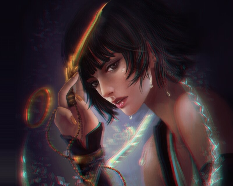 Woman with Glowing Sword — Black, Dramatic