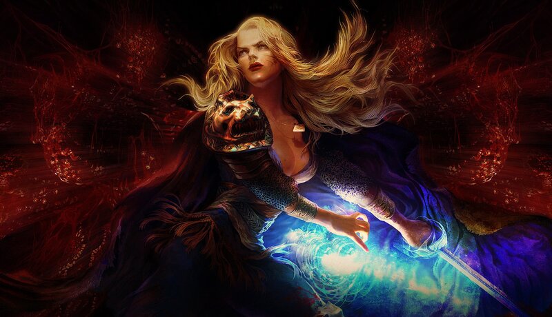 Woman with Glowing Sword — Blue, Dramatic, Digital Art, Magic