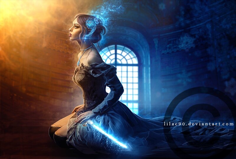 Woman with Glowing Sword — Blue, Dramatic, Digital Art