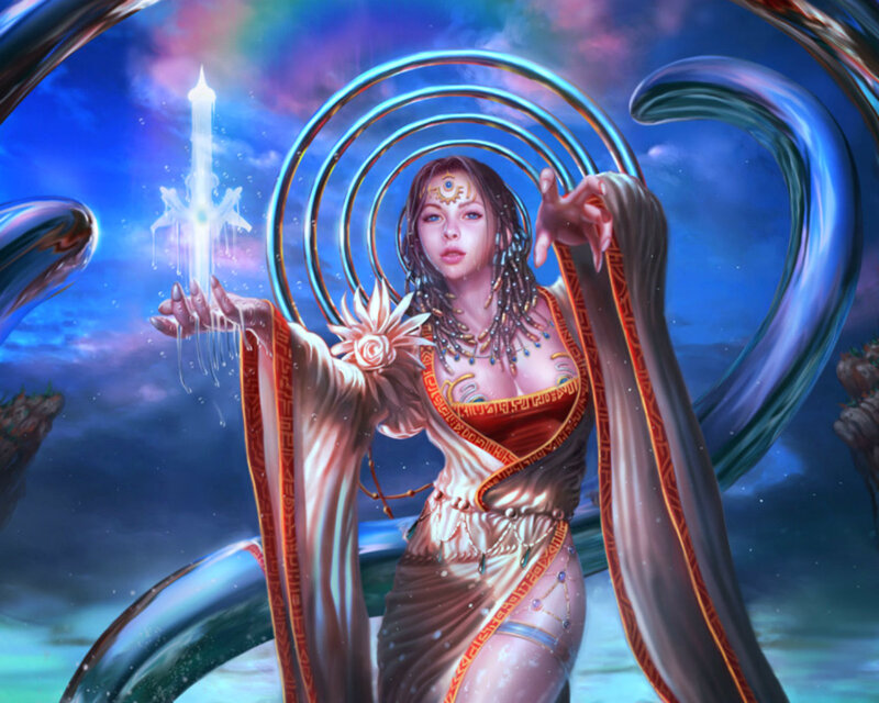 Woman with Glowing Sword — Blue, Dramatic, Night, Digital Art