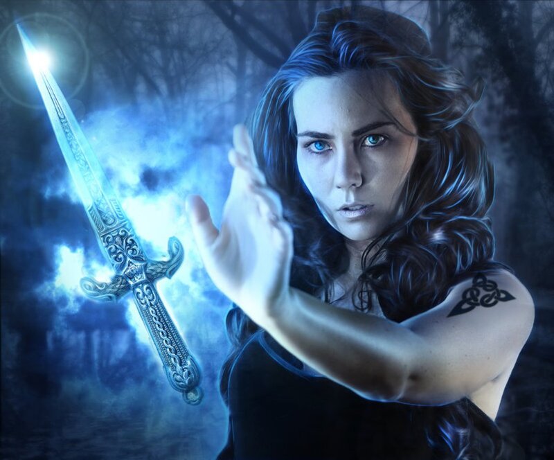 Woman with Glowing Sword — Blue, Dramatic