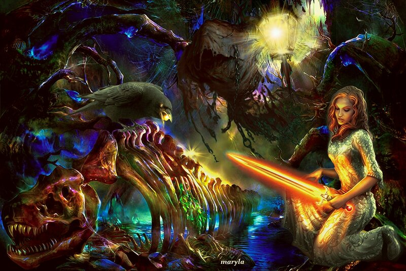 Woman with Glowing Sword — Green, Dramatic
