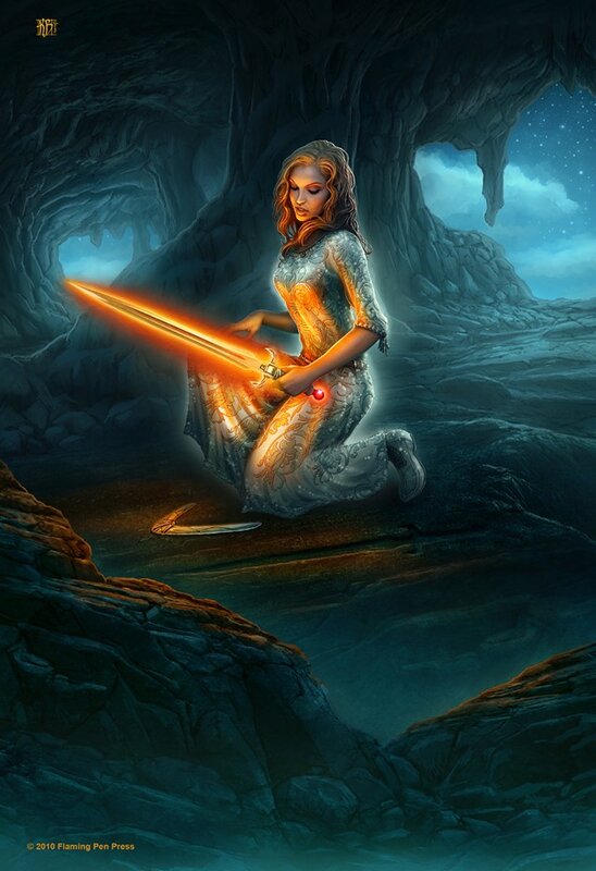 woman with glowing sword in cave
