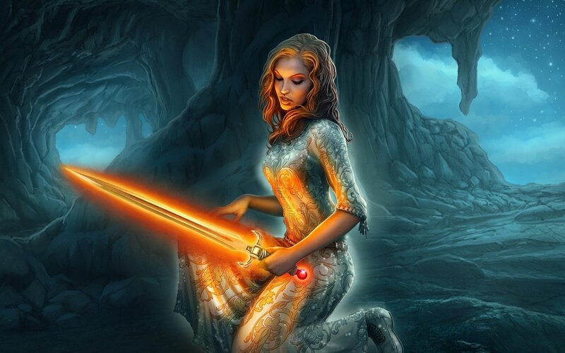 woman with glowing sword in cave