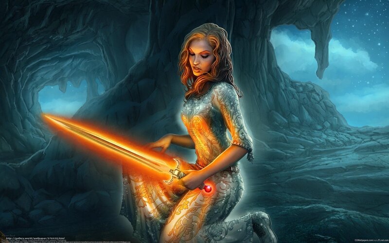woman with glowing sword in cave