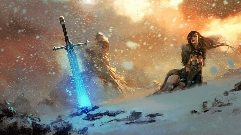 woman with glowing sword in snow