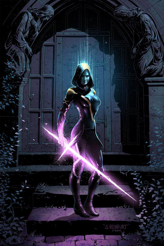 Woman with Glowing Sword — Purple, Dramatic