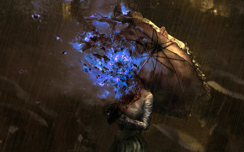 woman with glowing umbrella in rain
