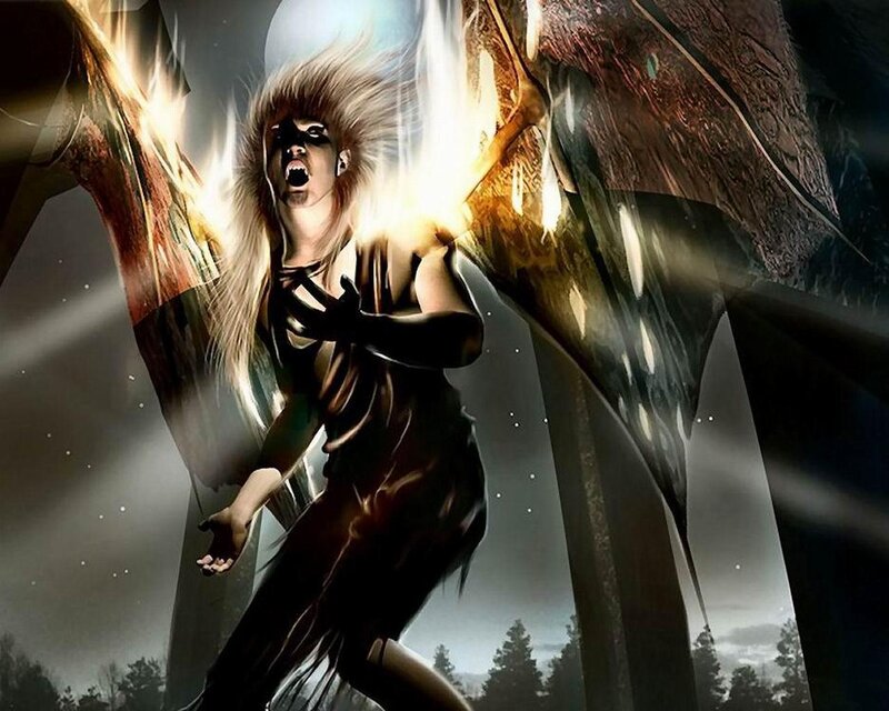 Woman with Glowing Wings — Black, Dramatic, Night