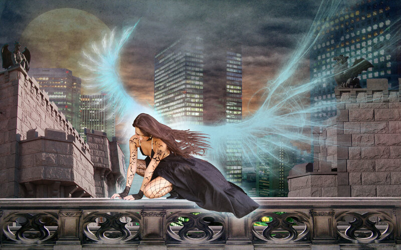 Woman with Glowing Wings — Black, Dramatic